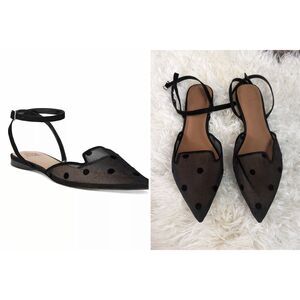 Women’s Black Polka Dot Pointed Toe Ankle Strap Flats